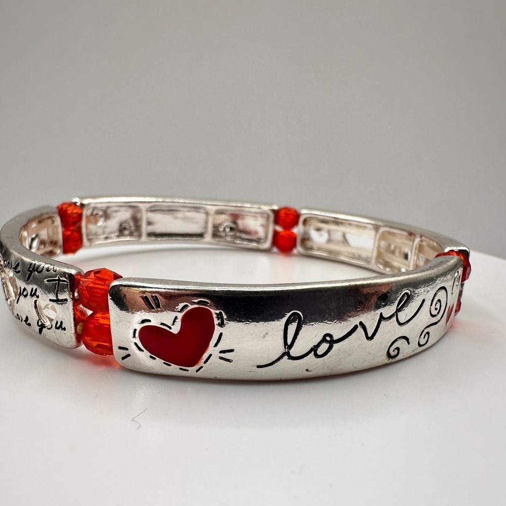 Vintage Y2K Silver Tone Heart Stretch Bracelet with Red Crystal Beads